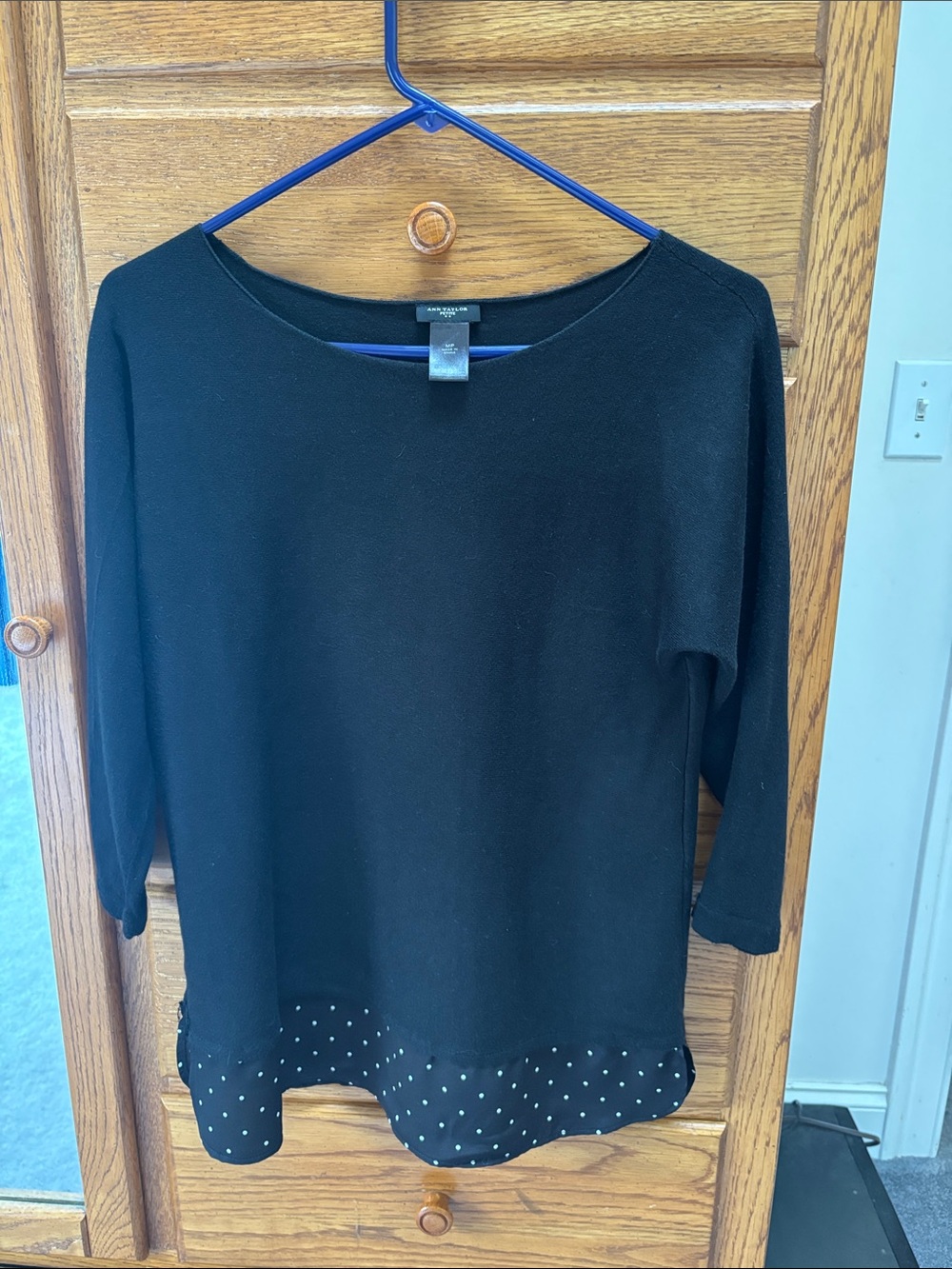 Ann Taylor Black Boatneck Top with Polka Dot Hem